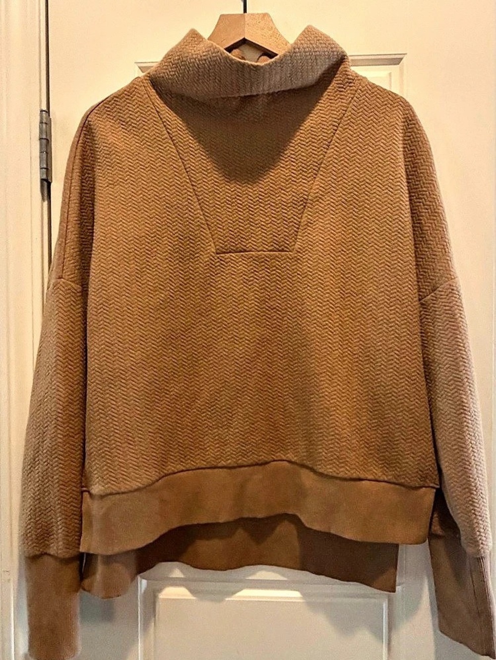 Calia Elevate Herringbone Funnel Neck Pullover Sweatshirt Brown Small